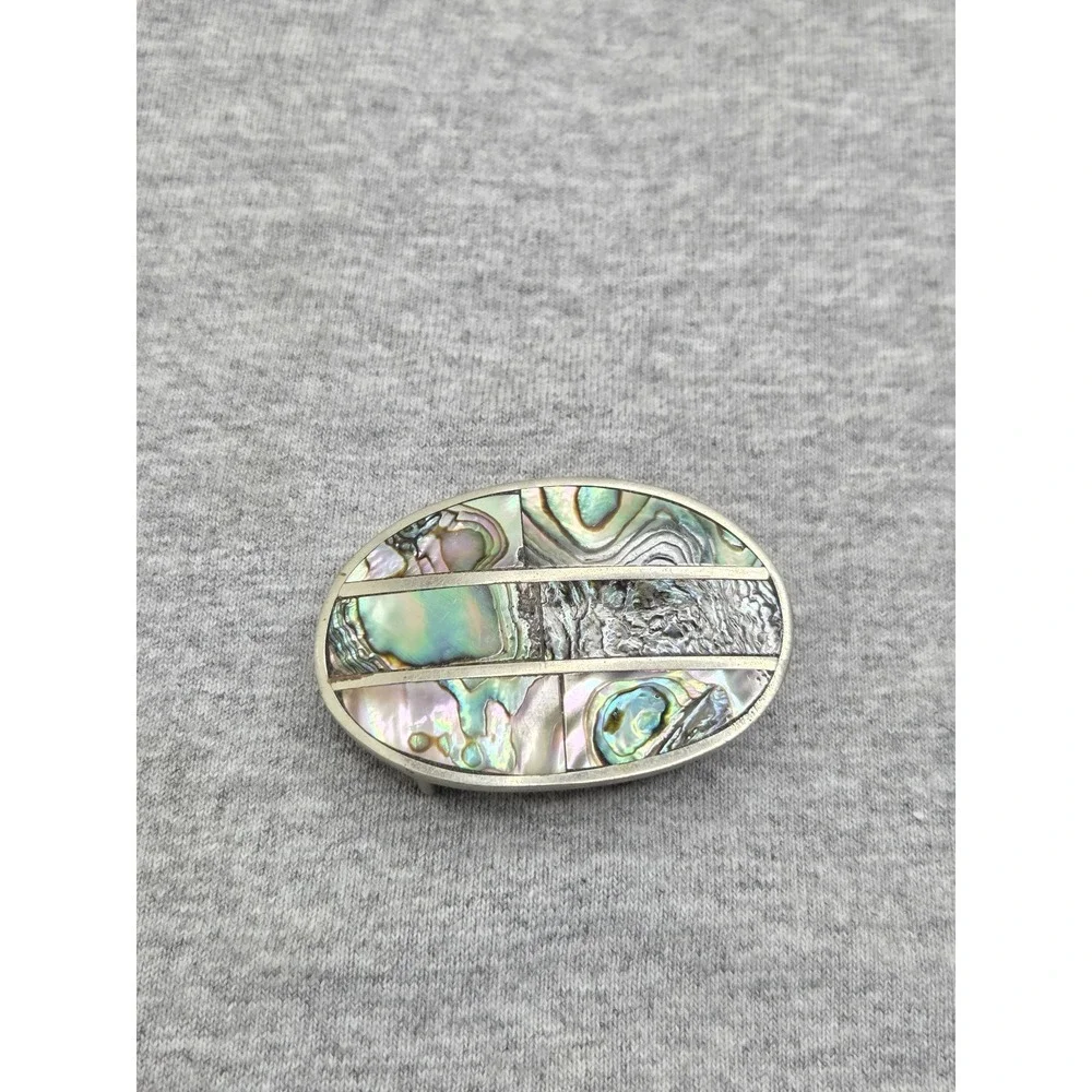 Vintage Abalone Shell Hecho En Mexico Handmade Mexican Silver Belt Buckle Womens